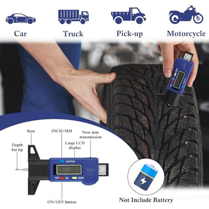 Tire Tread Depth Gauge Kit, Digital Tire Tread Depth Gauge - Color Coded Tire Tread Depth Gauge - Brake Lining Thickness Measure Ruler for Automotive, Motorcycle, Car, Truck, Bus