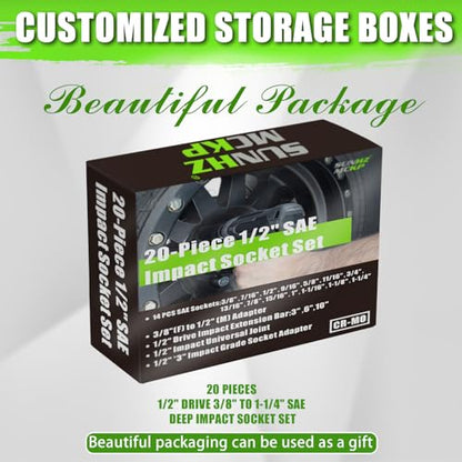 SUNHZMCKP 20 PCS 1/2" Impact Socket Set, Drive Deep 6 Point Socket Set, Including Standard SAE Sockets (3/8" to 1-1/4"), 3 ", 6", 10" Impact Extension Bar and Drill Socket Adapter, Cr-MO - size: 20-Pc 1/2" SAE Impact Socket Set