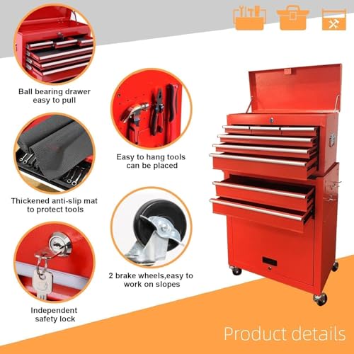 8-Drawer High Capacity Rolling Tool Chest, Removable Cabinet Storage Tool Box with Wheels and Drawers - color: Red