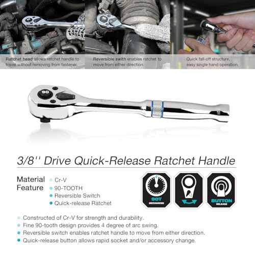 DURATECH 3/8-Inch Drive Ratchet, 90-Tooth Quick-release Ratchet Wrench, Reversible, Chrome Alloy Made, Full Polished, Stocking Stuffers for Men Women Gifts for Men Gifts for Women Gifts for Dad - size: 3/8"(Polished)