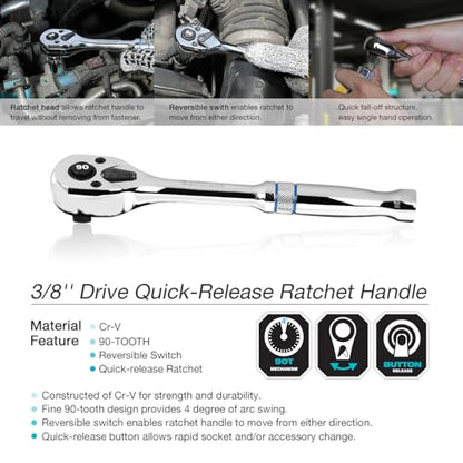 DURATECH 3/8-Inch Drive Ratchet, 90-Tooth Quick-Release Ratchet Wrench | Reversible, Cr-V Made, 4° Swing, Full Polished, Professional Socket Wrench for Men Women Stocking Stuffers for Men Women - size: 3/8"(Polished)