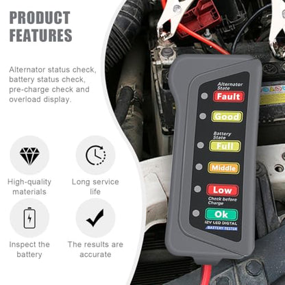 12V Car Battery Alternator Tester with 6 LED Indicator, Automotive Battery Analyzer Car Load Tester Indicator for Checking Vehicle Battery Condition & Alternator Charging System