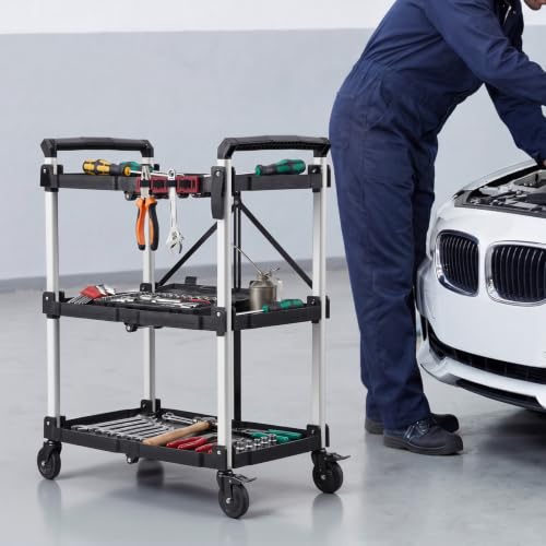 VEVOR 3 Shelf Heavy Duty Folding Jobsite Cart, 3 Tier Rolling Cart with Side Tool Holder & 360° Swivel Wheels (2 Brakes), 300 LBS Folding Utility Cart, Tool Storage for Garage Warehouse Workshop - size: 31.1 x 19.69 x 41.34 in
