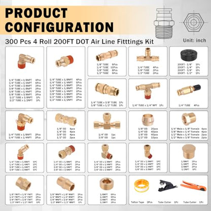 CheeMuii 300 PCS Brass DOT Air Line Fittings Pipe Fittings with 4 Rolls 200FT 1/8" 1/4" 3/8" 1/2" DOT Air Lines Kit Brass Push Lock Air Fittings Compression Air Fittings with Air Hose Pneumatic Tubing - size: 200FT-4ROLL-300PCS