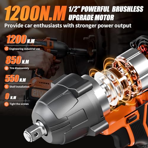 Protmex Cordless Impact Wrench, 900Ft-lbs (1200N.m) 1/2" Brushless Impact Gun, 21V High Torque Power Impact Driver, 2x4.0Ah Batteries Electric ImpactMotor Variable Speeds for Car/Pickup Truck/Mower