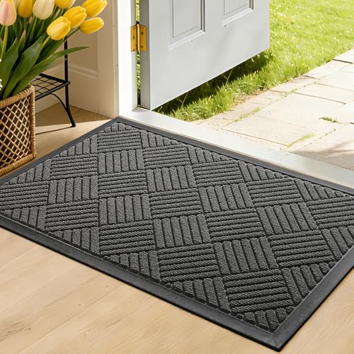 Front Door Mat, Heavy Duty Waterproof Rubber Doormat for Indoor Outdoor, Non-Slip Low Profile Dirt Trapper Absorbent Mat for Entryway, Stain Fade Resistant Easy Clean 35.5"x24", Grey - color: Grey, size: 2' x 2'11" (Rectangular)