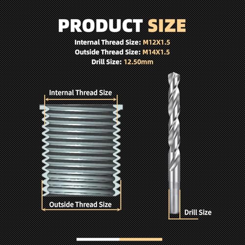 M12X1.5 Thread Repair Kit with Insert HSS Drill, Tap, Counterbore, Installation Driver, Metric, 10PCS Stainless Steel Insert M12X1.5X9.2MM