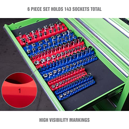 OEMTOOLS 22489 6 Pack Set Metric and SAE Magnetic Socket Organizers, Tool Box Socket Organizer for 1/4, 3/8, and 1/2 Inch Drive Sockets, Red and Blue - style: Red and Blue
