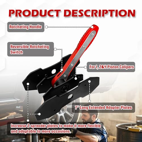 YATOINTO Brake Caliper Compression Tool,Caliper Piston Compressor Tool with Extra 2Pcs Large Plates 1.57"-2.95" for Disc Brake Pad Spreader,Brake Caliper Press Tool with 4 Break Caliper Hangers,Red