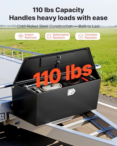 VEVOR Trailer Tongue Box, Heavy Duty Trailer Tongue Tool Box Storage Organizer with Lock & Keys, Utility Tool Chest for Pickup Truck Bed, RV, SUV, Off-Road Vehicle, Steel, 49" x 13.9" x 18.5" - size: 49" Black, style: Steel