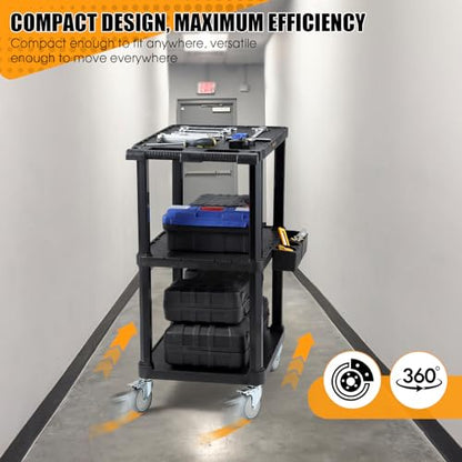 ELAFROS 3-Tier Heavy Duty Flat Top Rolling Utility Cart, 27.5 x 18.25 in | 330 lbs Capacity, Flat Top Shelves, Industrial Plastic, Swivel Wheels, Multipurpose Work Cart, Service Tool Organizer - style: Standard