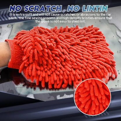 wuyaoyao 2PCS Car Wash Mitt, 10.14"×7.12" Chenille Microfiber Car Wash Mitts, Scratch-Free & Lint-Free, Absorbent Double Sided Clean Glove for Cars Cleaning, Auto Cleaning Supplies (Red) - color: Red