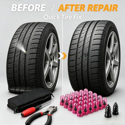 62-Piece Tire Repair Kit, Tire Plug Screws, Tubeless Tire Puncture Repair | Tire Plug Spiral Rubber Screws, Tubeless Puncture Repair, Emergency Tool w/ Screwdriver for Car, Truck, Motorcycle, ATV, SUV