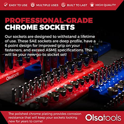 Olsa Tools SAE Deep Socket Set - 3/8-Inch Drive, 13pc - 6-Point Chrome Sockets from 1/4" to 1" and No Skipped Sizes - Mechanic Deep SAE Socket Set - Professional Grade Long Sockets - Part: 1332 - color: Sae Deep, size: 13pc, 3/8-Inch Drive