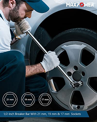MAXPOWER 1/2-Inch Drive 24" Breaker Bar with 125mm Extension Bar, and 3- piece Sockets Including 17 mm, 19 mm, and 21 mm - style: 24" Flexible drive