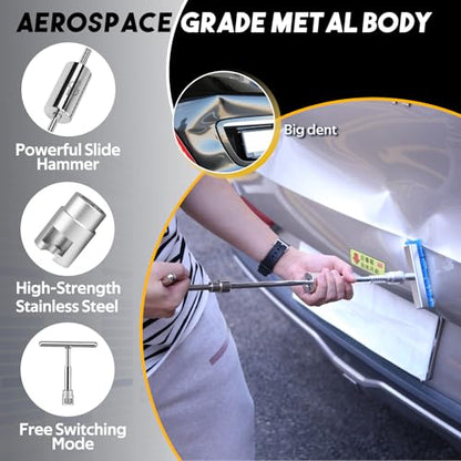 Super PDR Paintless Dent Repair Kit - Professional Puller with 100W Glue Gun LED Line Board and 64 Tabs T-Bar Slide Hammer - Auto Bodywork Tool Set for Car Door Ding Removal and Hail Damage