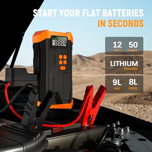 5000A Jump Starter with Air Compressor,Car Jumper Starter Portable with 150PSI Tire Inflator 12V Jump Box with LCD Display,Flashlight,Storage Case (Up 9L Gas/8L Diesel Engine（Orange - style: AORANGE