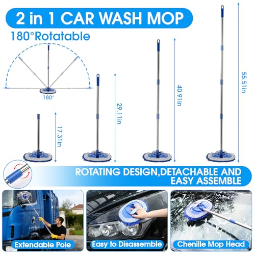 36Pcs Blue Car Wash Detailing Kit，Car Cleaning Set with Foam Gun Sprayer，Long-Handle Brush Mop，Large Collapsible Bucket，Complete Car Wash Supply Gift for Men and Women