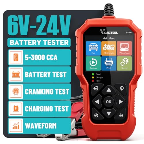 Car Battery Tester 6V 12V 24V VDIAGTOOL BT500, 5-3000 CCA Battery Load Tester, Starter Alternator Tester Automotive Charging Cranking System Analyzer for Car Truck Motorcycle SUV ATV Boat