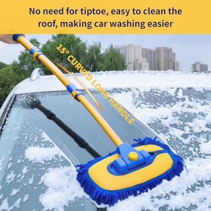 5PCS Car Wash Brush with Long Handle, 15°Curved Car Cleaning Brush with Replaceable Head Cover, Truck Washing Brushwith Telescopic Handle Wash Mop Kit (Blue) - color: Blue