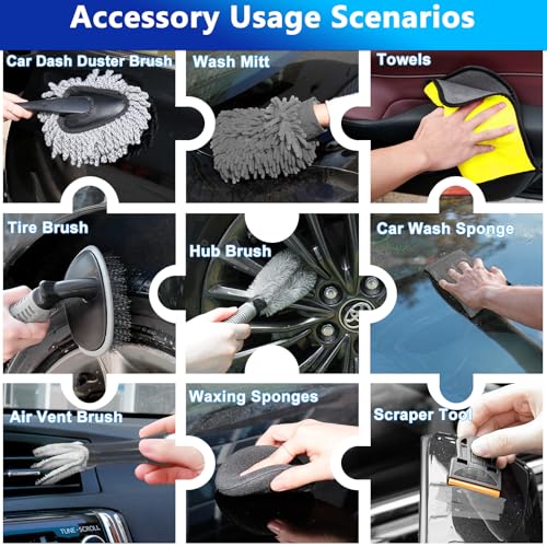THINKWORK Car Wash Kit, 62'' Car Washing Brush with Long Handle, Extendable Car Wash Brush Mop with 2-in-1 Windshield Squeegee and 9Pcs Detailing Brushes, Gray Car Detailing Kit Gift for Men - size: 25 Count (Pack of 1)