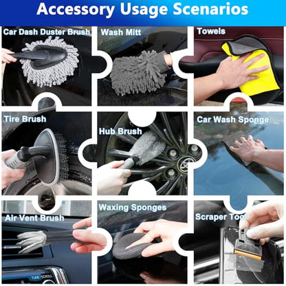 THINKWORK Car Wash Kit, 62'' Car Washing Brush with Long Handle, Extendable Car Wash Brush Mop with 2-in-1 Windshield Squeegee and 9Pcs Detailing Brushes, Gray Car Detailing Kit Gift for Men - size: 25 Count (Pack of 1)