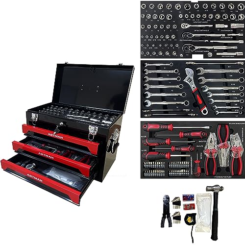 339 Piece Kits Tool Set Heavy Duty Metal Mechanic Box,Tool Box with Handle 3-Drawer and Top Storage, Drawers Tool Case for Garage, Warehouse, Workshop Maintenance, Repair Shop(Black&Red) - size: 439pcs - Black&Red
