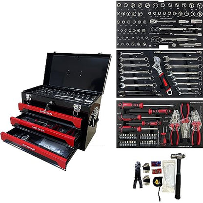 339 Piece Kits Tool Set Heavy Duty Metal Mechanic Box,Tool Box with Handle 3-Drawer and Top Storage, Drawers Tool Case for Garage, Warehouse, Workshop Maintenance, Repair Shop(Black&Red) - size: 439pcs - Black&Red