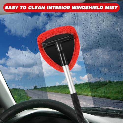 Baderke 10 Pcs Windshield Cleaner Tool Car Window Cleaning Supplies with Extendable Handle Include 6 Washable Microfiber Bonnets 2 Empty 60ml Spray Bottle Glass Wiper Kit(Red) - color: Red