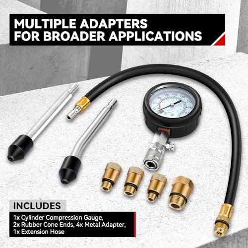 Auto Dynasty 8 Pieces Compression Tester Kit - 3-IN-1 Engine Compression Tester Gauge Automotive Quick and Accurate Cylinder 0-300 PSI Pressure Measurement Tool