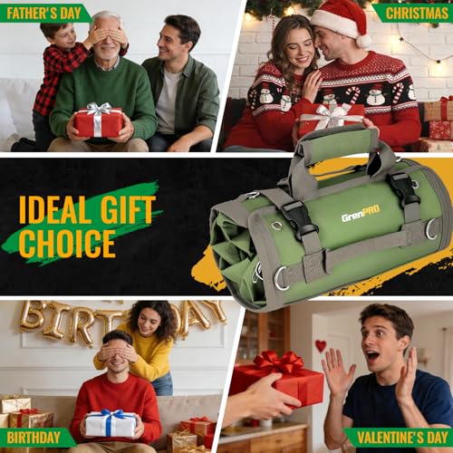 GrenPRO Roll Up Tool Bag With Detachable Pouches, Heavy Duty Organizer With 6 Pockets for Mechanics, Electricians, DIY, Gifts for Dad, Men Birthday Gift, Green - color: Green