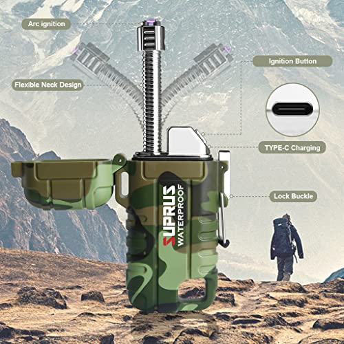SUPRUS Waterproof Lighter Windproof Lighter Arc Plasma Lighters USB-C Rechargeable with Expandable and Flexible Neck for Outdoor, Camping & Kitchen (Camouflage, 2Packs) - color: Camouflage, 2packs