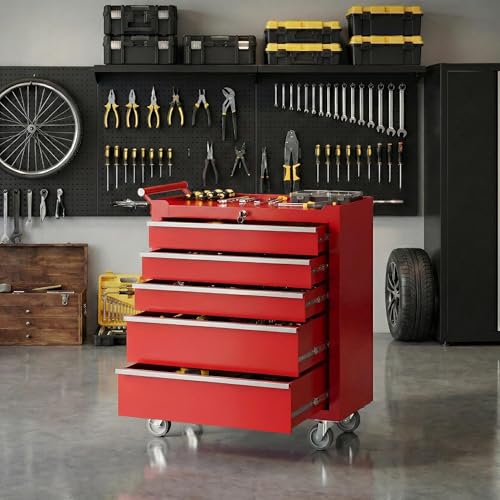 Rolling Tool Box with Wheels – 5 Drawer Heavy Duty Tool Chest Cabinet, Lockable Portable Storage Organizer with Drawer Liners, Mobile Mechanic Toolbox for Garage, Workshop, Shop, Easy Assembly, Red