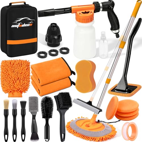 Car Wash Detailing Kit Cleaning Set with Foam Gun Sprayer, Long-Handle Brush, Large Wash Mitt, Towels, Complete Interior & Exterior Car Washing Supply Set (Orange) - color: Orange