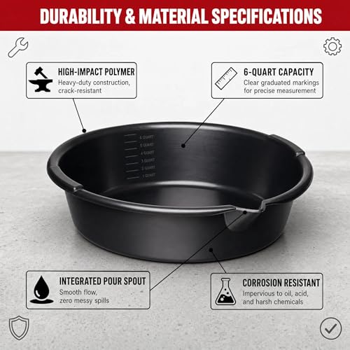 Oil Drain Pan 7-Quart Waste Automotive Fluid Change Container with Built-in Scale, Leak-Proof Spout and Splash Guard for Easy Car Maintenance