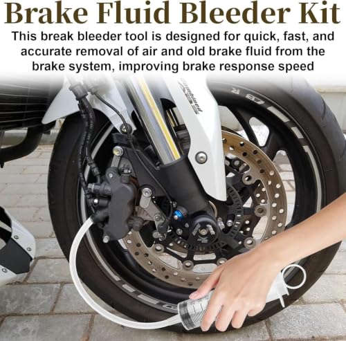 Motorcycle Brake Bleeder Kit, 100ml Pump Hydraulic Disc Bleeding Tool | 50cm hose & fittings. Compatible with motorcycles, cars & scooters. Reverse brake fluid flush. Easy one-person use.