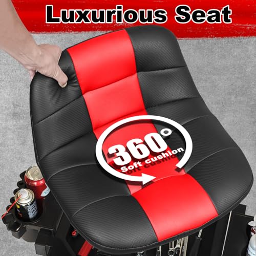 Rolling Stool with Wheels, Adjustable Height Pneumatic Garage Work Mechanic Stool Seat with Backrest, 400 LBS Capacity 360° Swivel Mechanic Crepper Chair with Tool Tray Storage, Red - color: Red