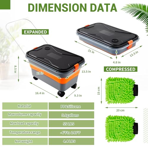 Maxdot Car Wash Bucket with Wheels Lid and Handle, 5.5 Gallon Collapsible Rolling Wash Bucket with 2 Microfiber Mitts for Car Cleaning, Camping, Rv & Pet Bathing