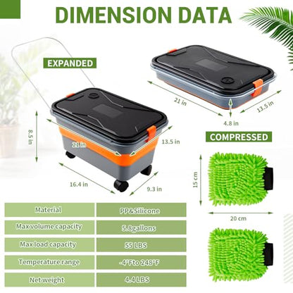 Maxdot Car Wash Bucket with Wheels Lid and Handle, 5.5 Gallon Collapsible Rolling Wash Bucket with 2 Microfiber Mitts for Car Cleaning, Camping, Rv & Pet Bathing
