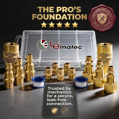 LE LEMATEC Air Compressor Hose Fittings Kit, 1/4 NPT | Solid Brass, 15-Piece, 3 Male 3 Female Plugs, 5 Dual Couplers, Teflon Tape, Leak-Proof, Pneumatic Tools, Storage Case