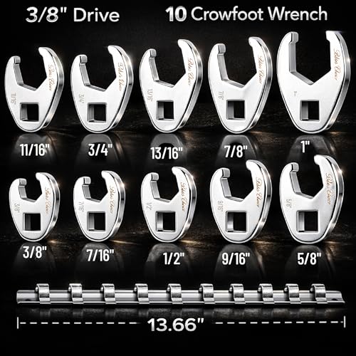 Bates- 3/8" Drive Flare Nut Wrench Set, 10 pcs, 3/8”-1”, Chrome-Plated Steel, SAE Crowfoot Flare Nut Wrench Set With Clip-on Storage Rail for Nut Removal, Automotive Repair, Hard-To-Reach Areas