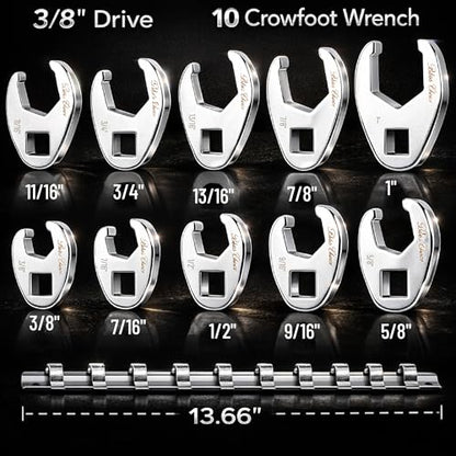 Bates- 3/8" Drive Flare Nut Wrench Set, 10 pcs, 3/8”-1”, Chrome-Plated Steel, SAE Crowfoot Flare Nut Wrench Set With Clip-on Storage Rail for Nut Removal, Automotive Repair, Hard-To-Reach Areas