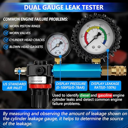 ZKTOOL 47PCS Compression and Leakage Test Kit Petrol & Diesel Dual Gauge Engine Compression Tester Kit Automotive Cylinder Leak Down Tester Kit for HDI, TDCi, Pumpe Duse Engine，0-725PIS - size: Standard 725 PSI | 46-Piece Kit