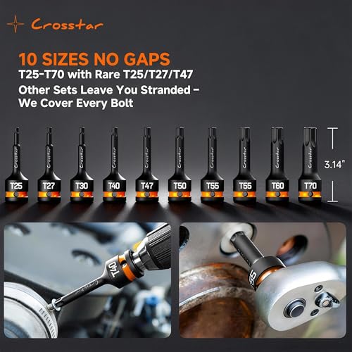 Crosstar T40 T45 T47 Impact Torx Bit Socket Set, 1/2" Drive Cr-Mo Steel, Long High Impact Star Sockets for Automotive & Heavy-Duty Use, Professional Mechanic Tools with Transparent Case - size: T40T45T47 (Long)