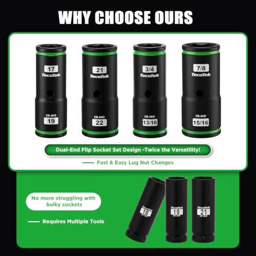 TecoTek 6PCS Thin Wall Lug Nut Impact Socket Set, 1/2" Drive Impact Flip Socket Set, 8 in 1 Dual End Wheel Tire Nut Sockets, Metric 17 19 21 22mm & SAE 3/4" 13/16" 7/8" 15/16", Lug Nut Removal Tool - size: Standard Metric & SAE