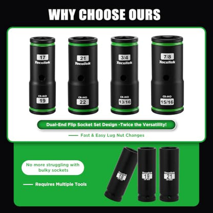 TecoTek 6PCS Thin Wall Lug Nut Impact Socket Set, 1/2" Drive Impact Flip Socket Set, 8 in 1 Dual End Wheel Tire Nut Sockets, Metric 17 19 21 22mm & SAE 3/4" 13/16" 7/8" 15/16", Lug Nut Removal Tool - size: Standard Metric & SAE