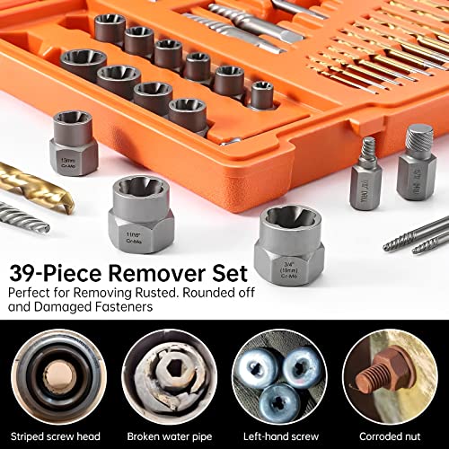 XEWEA 39PCS Screw & Bolt Extractor Set with Left Hand Drill Bit Set, Multi-Spline Easy Out Broken Bolt Remover Tools for Damaged Stripped Rounded-Off Bolts, Socket Screws, Nut, Studs and Fittings - color: 39pcs