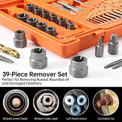 XEWEA 39PCS Screw & Bolt Socket Extractor Set with Left Hand Drill Bit Set | Multi-Spline Easy Out Remover Tools for Damaged Stripped Rounded-Off Bolts, Screws, Nut, Studs and Fittings, CR-MO Steel - color: 39pcs