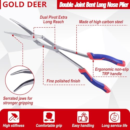 13Inch Double-Joint Bent Long Nose Pliers Long Reach 45-Degree Bent Long Nose Pliers Serrated Jaw Dual Pivot Plier Hose Grip Plier for Hard to Reach Narrow Spaces - style: Bent Nose