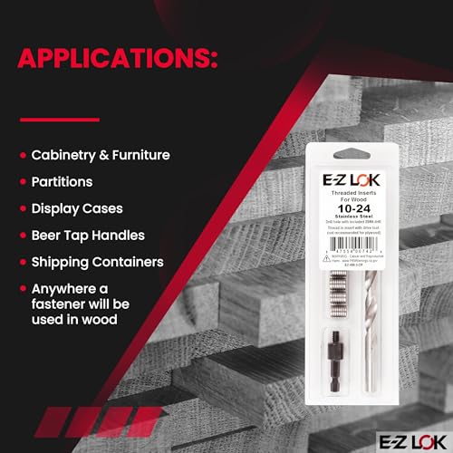 E-Z LOK 400-3-CR Threaded Inserts for Wood, Installation Kit, Stainless Steel, Includes 10-24 Knife Thread Inserts (6), Drill, Installation Tool - size: 10-24